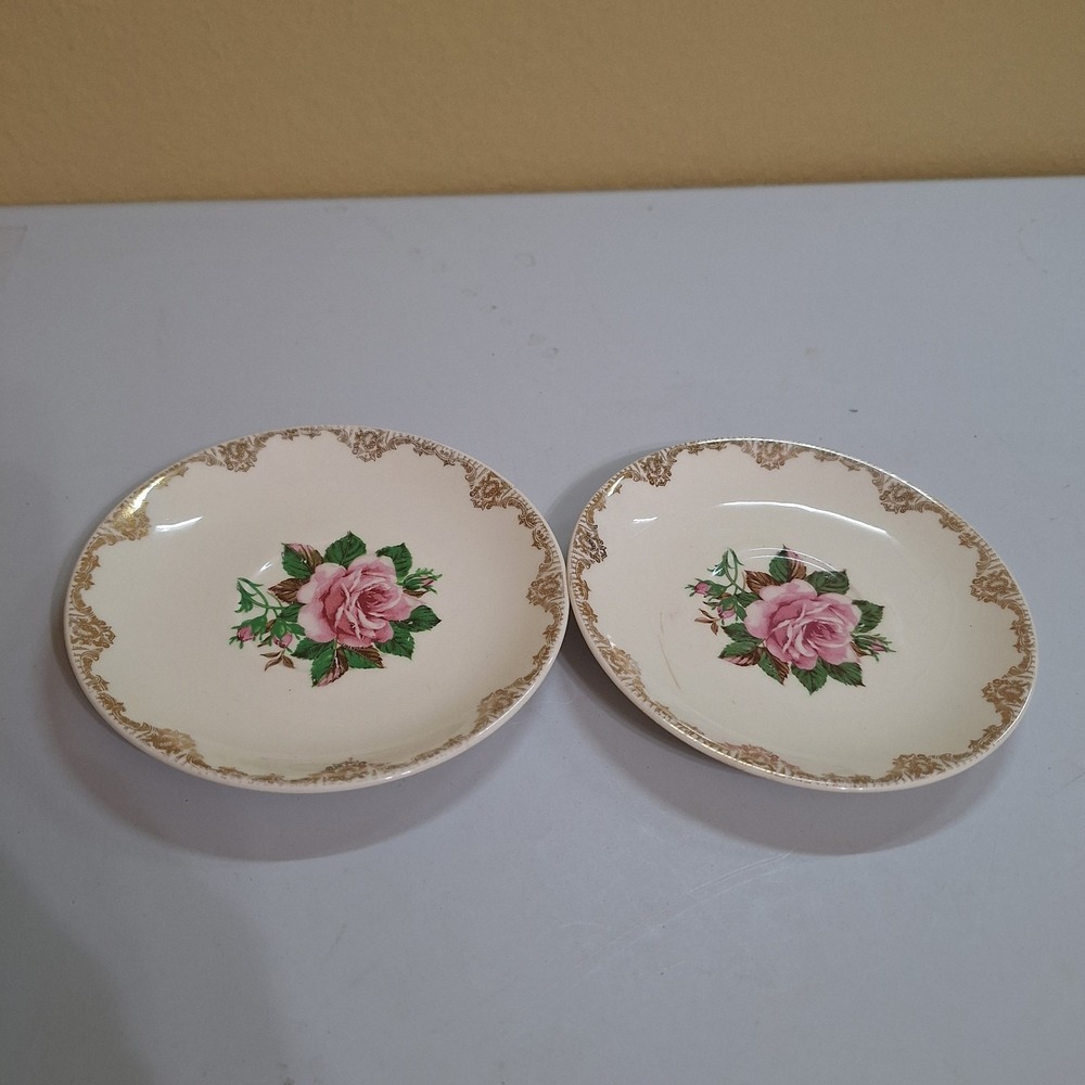 1954 American Rose Saucer Set 2 Homer Laughlin USA 22KT Gold Floral‎ Vintage